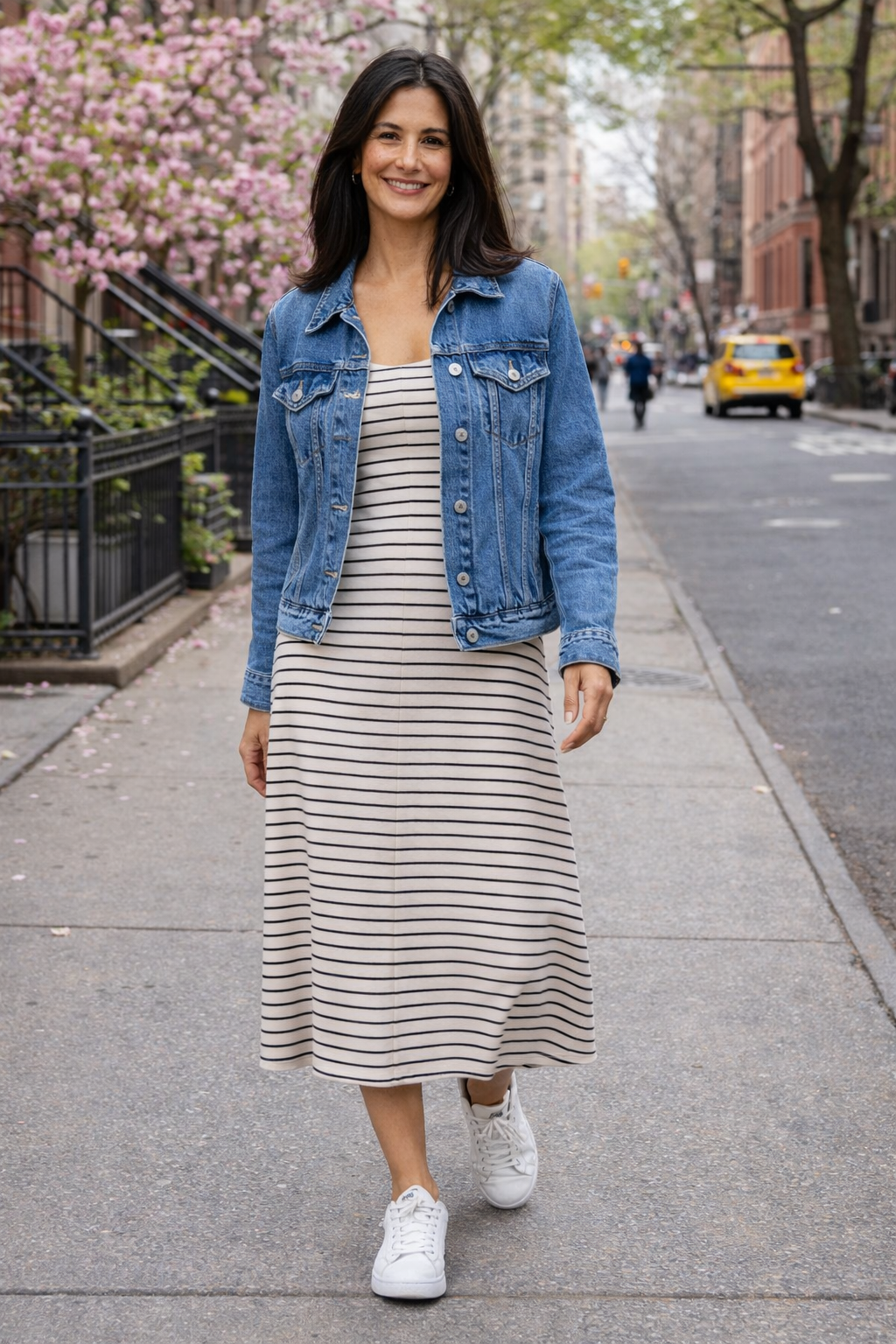 woman in her 50s wearing a dress with sneakers