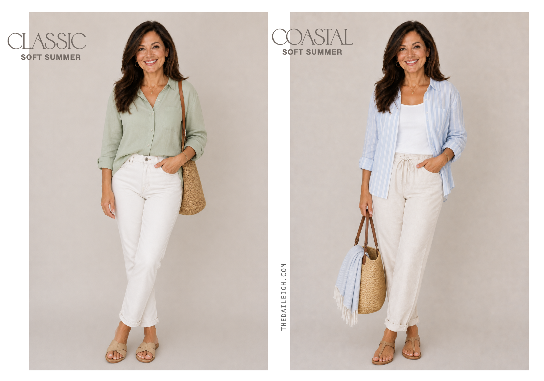 Women wearing two different soft summer colored outfits a sage green blouse with white jeans and blue button up shirt with linen pants.