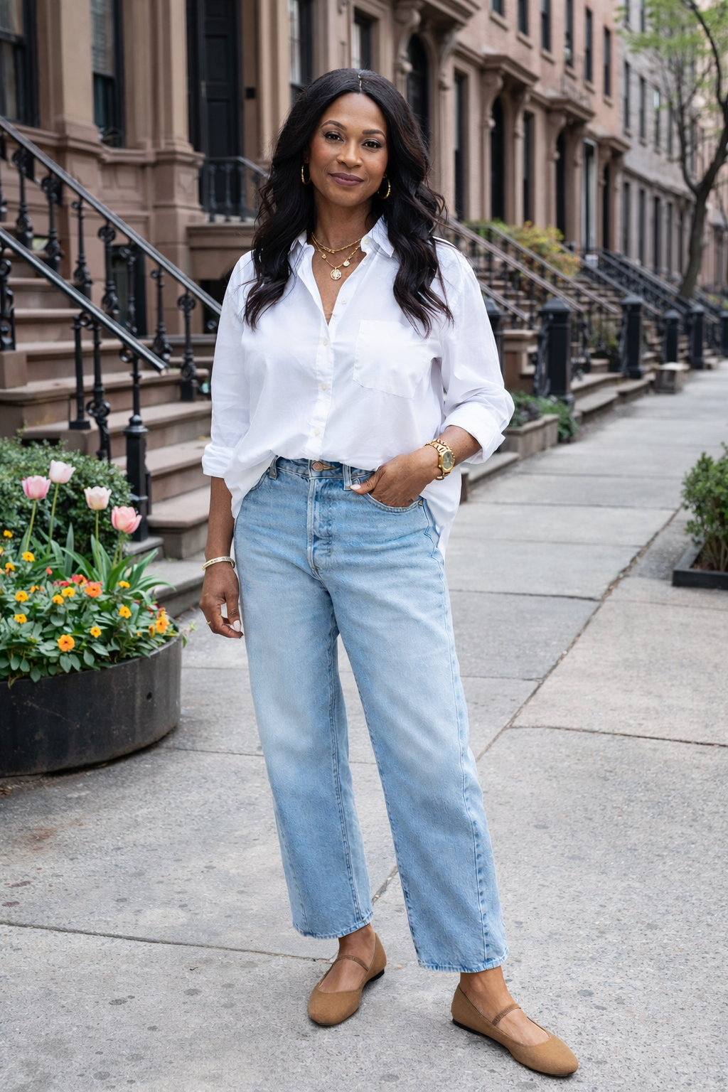 woman in her 50s in spring outfit