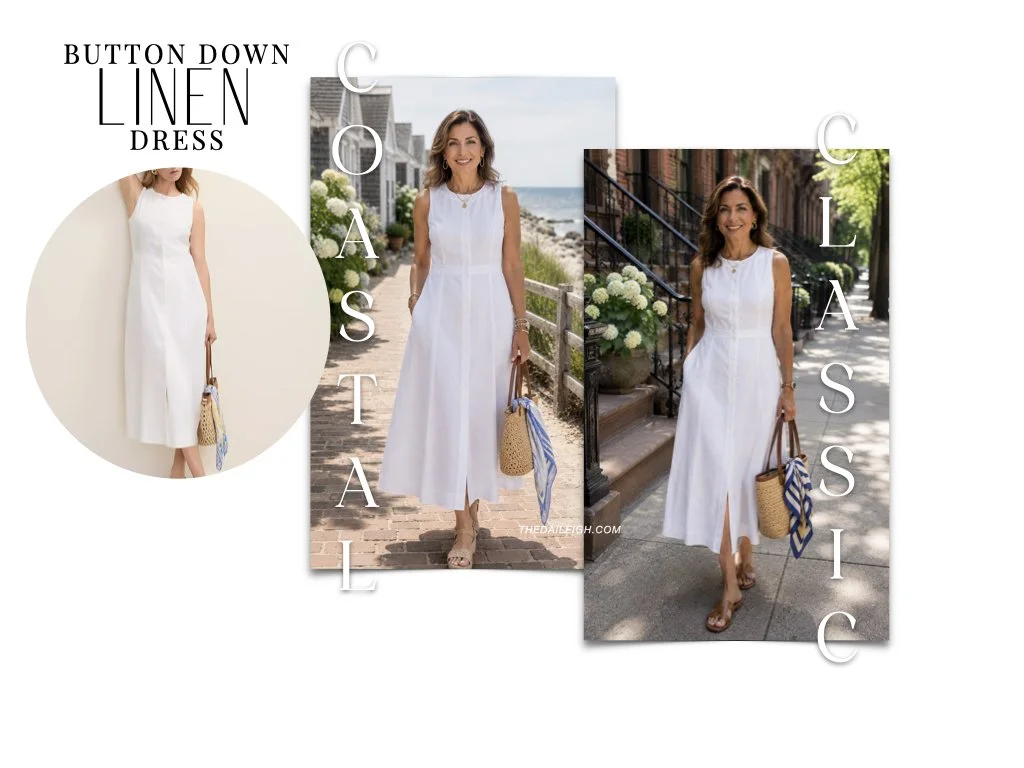 women walking wearing a white linen dress styled for a classic and coastal summer look.