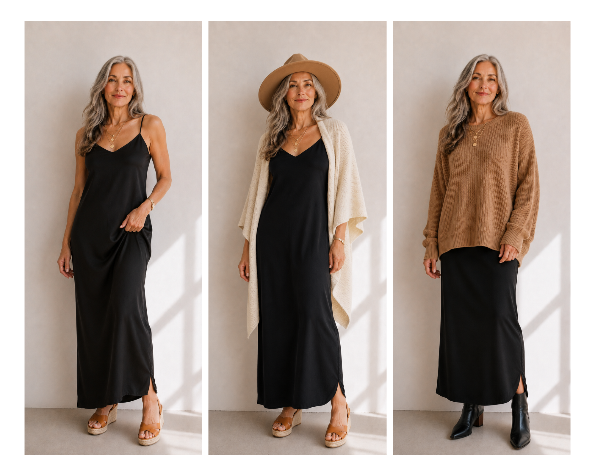 A woman in her 50s showing how to wear a black maxi slip dress in fall.