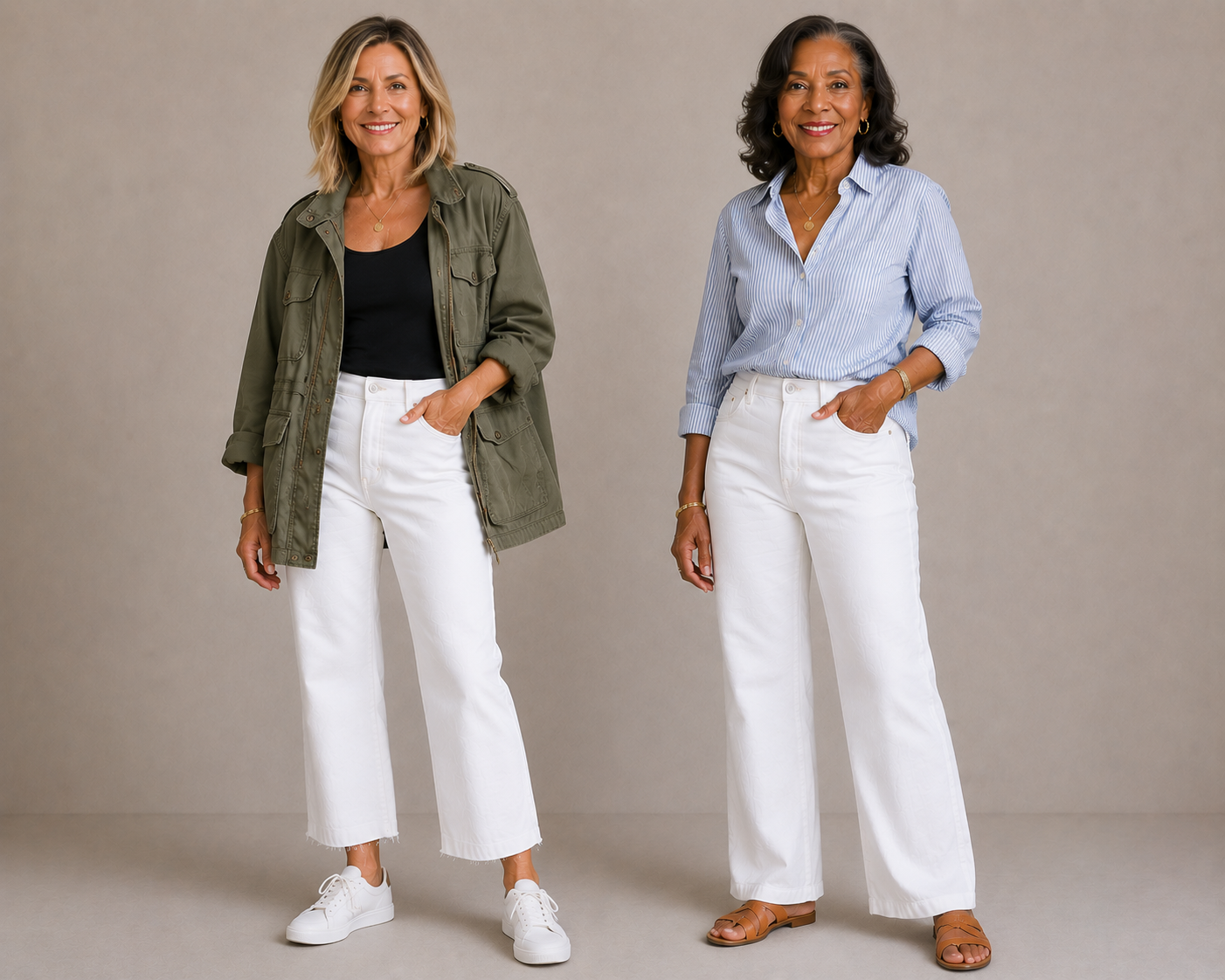 A woman in her 50s and 60s styling white jeans.