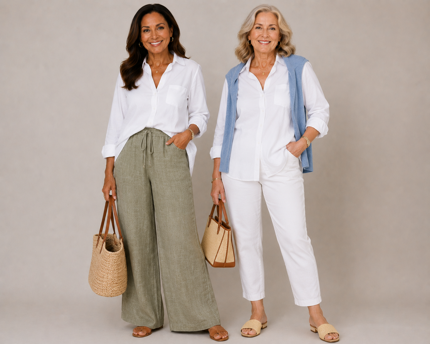 A woman in her 50s and 60s showing how to create a coastal outfit with a white button up shirt.