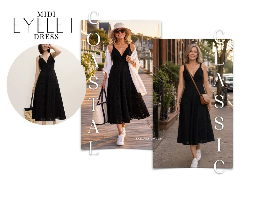 Women in her 50s walking outside in summer wearing a black maxi dress with sneakers.