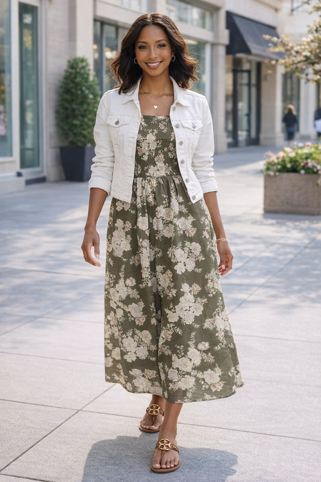 Woman wearing a floral spring maxi dress sandals and white jean jacket