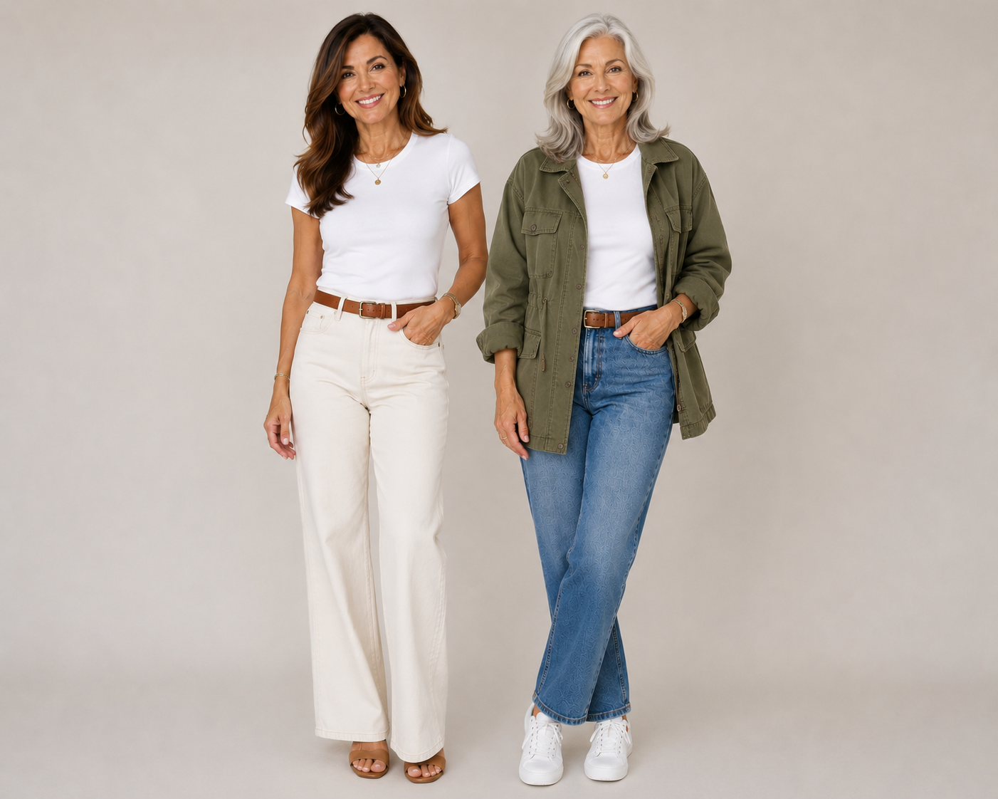a woman in her 50s and 60s showing how to style a white tee.