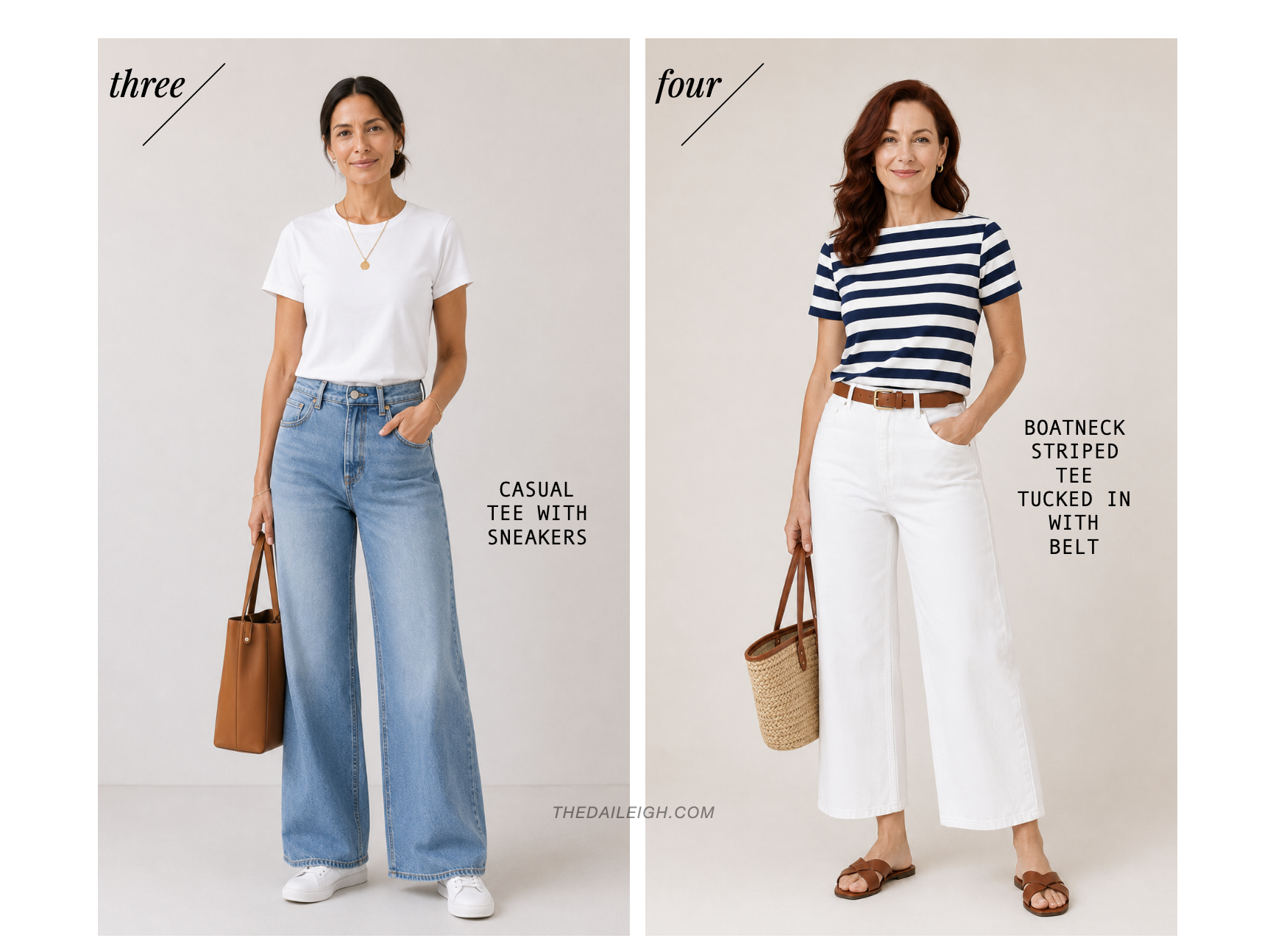 Women showing how to style a basic white tee and striped tee with wide leg jeans..