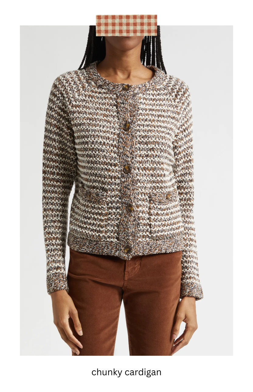 Women wearing a chunky cardigan and jeans.