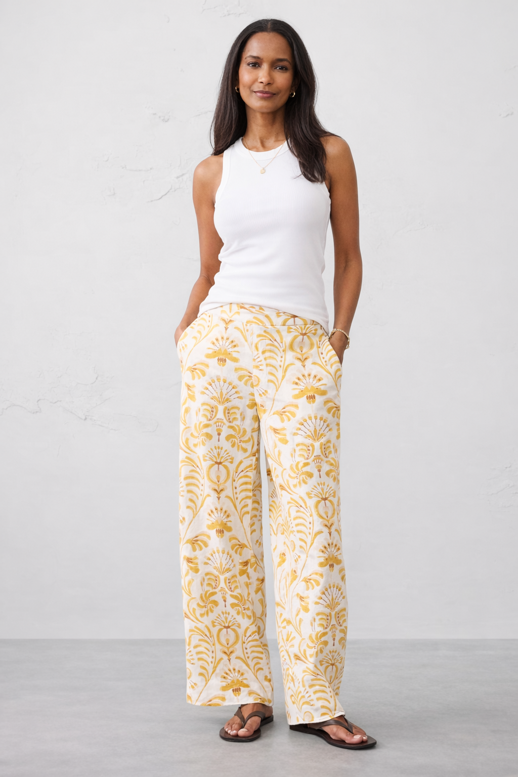 woman in her 50s wearing a spring outfit