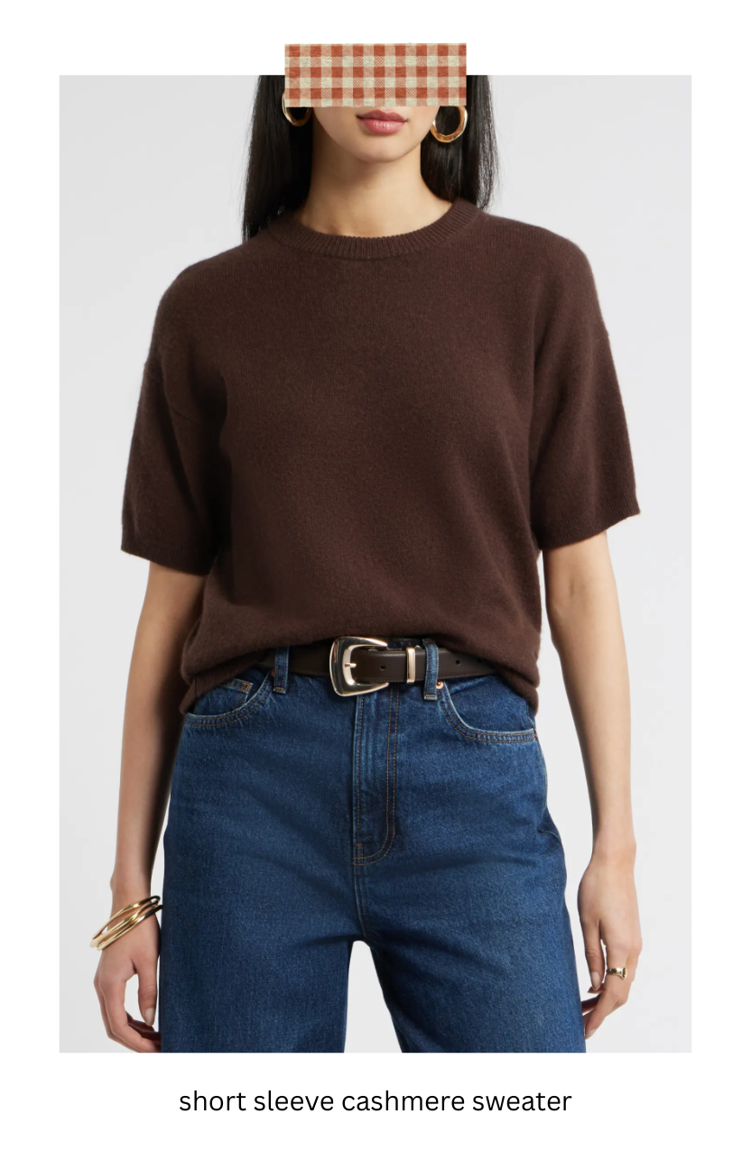 Women wearing brown short sleeve cashmere sweater.