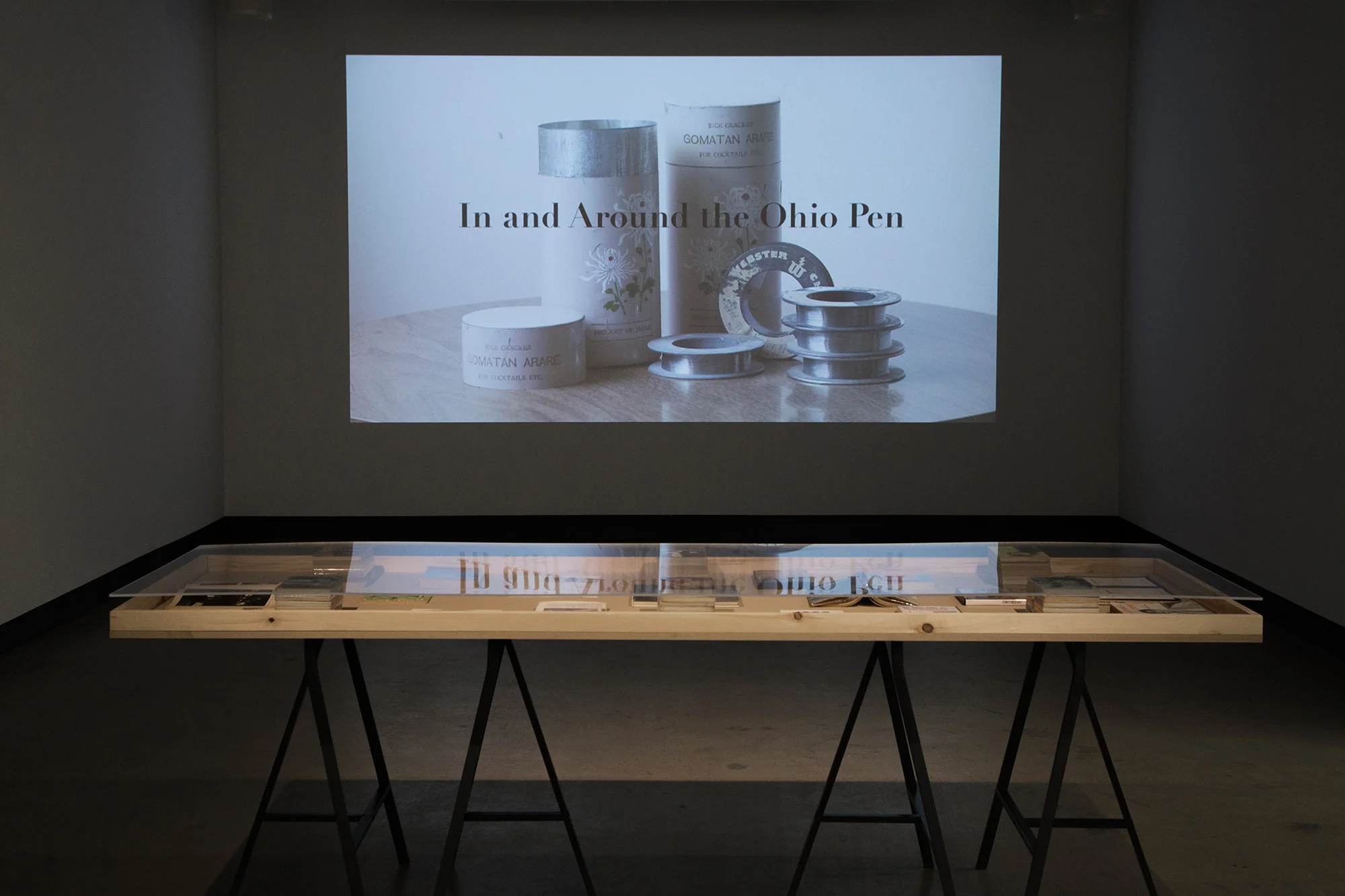 © Jason Simon, In and Around the Ohio Pen (2014) et Collection: Materials of Chris Marker (2012). Vue de l'exposition. Photo : Sara A. Tremblay.
