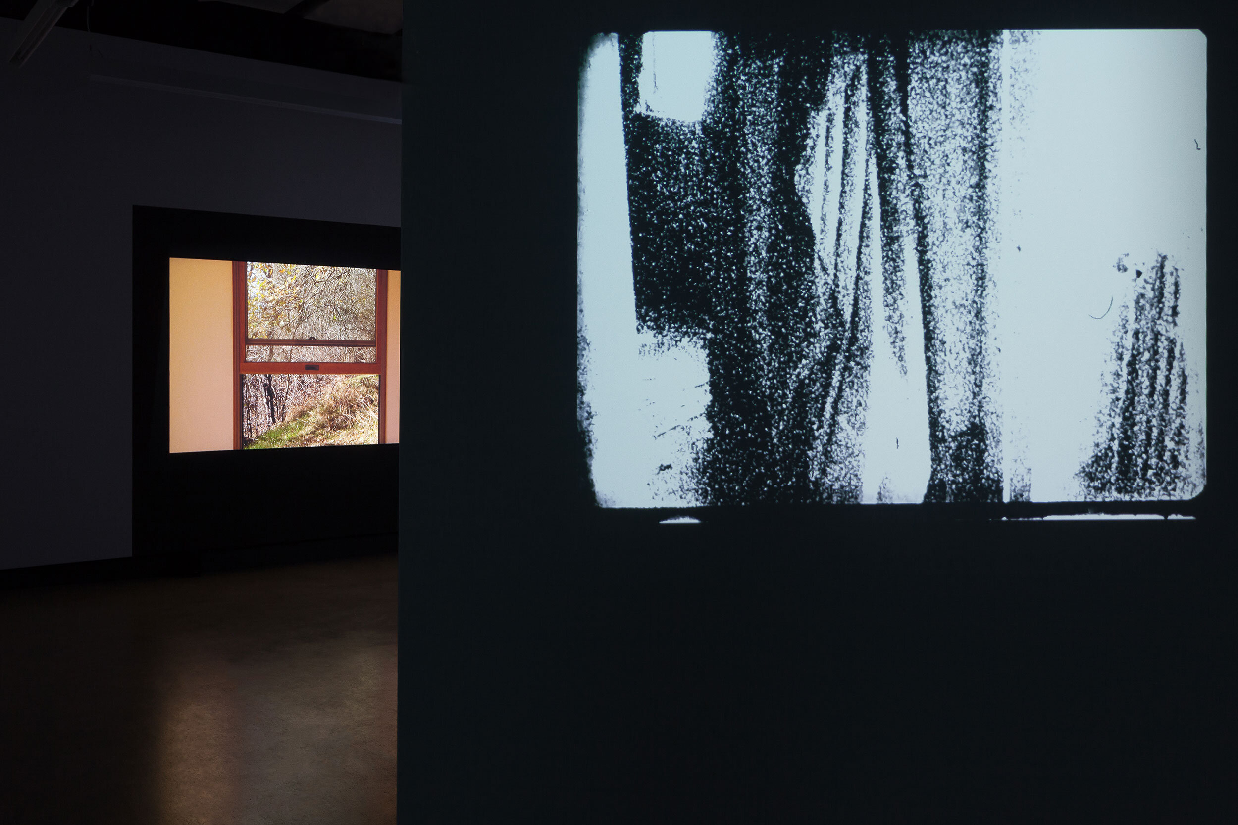  © Vue d’installation de l’exposition, Dazibao, 2018. De gauche à droite : James Benning, Miriam Sampaio. Photo : Marilou Crispin. 