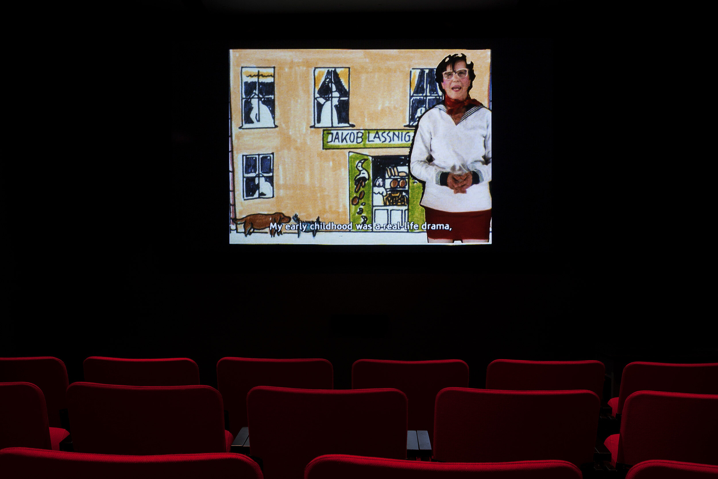  © Maria Lassnig,  Maria Lassnig Kantate  (1992). Vue d’installation de l’exposition  I am the Organizer of My Own Archive , Dazibao, 2017. Photo : Marilou Crispin. 