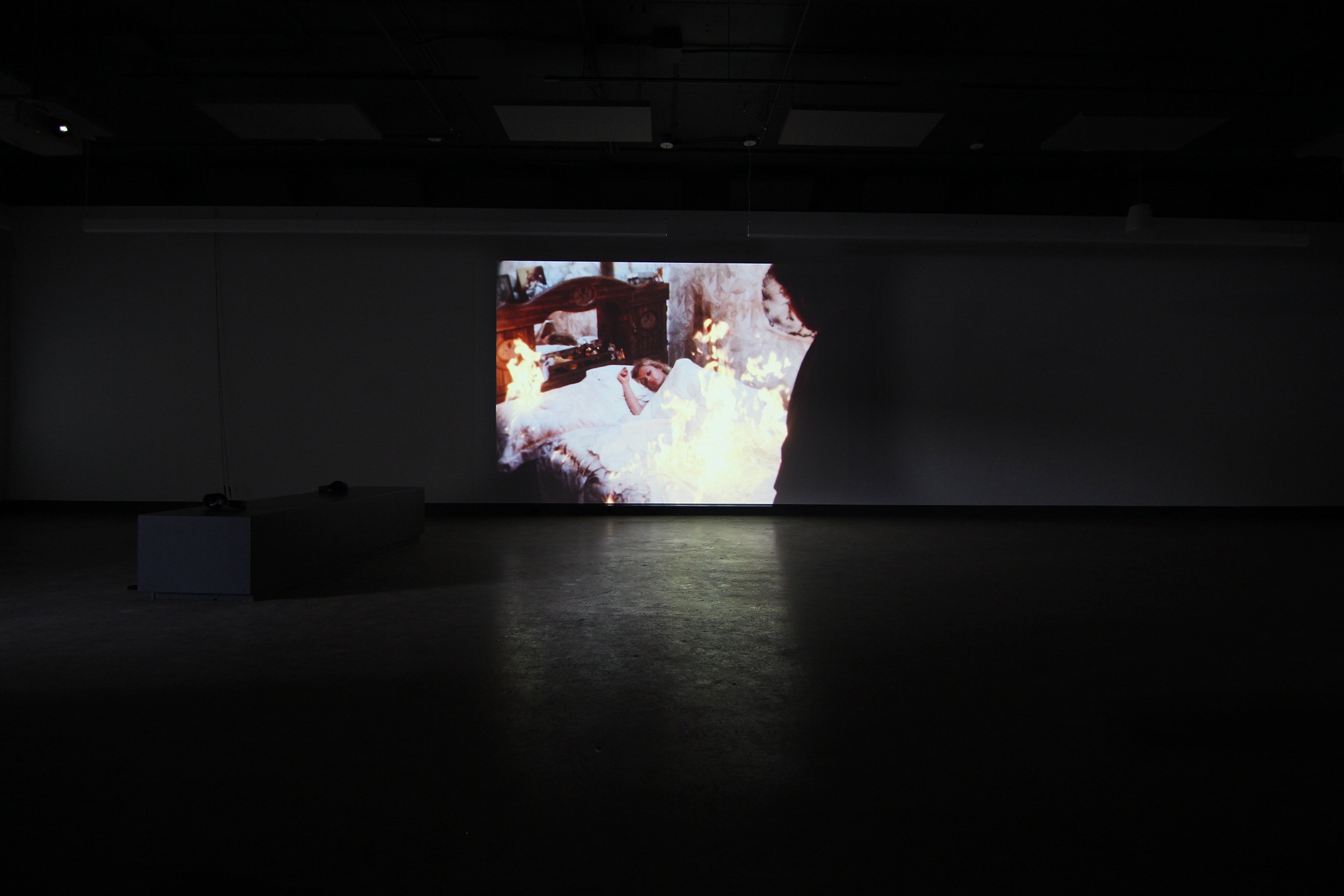  © Reynold Reynolds et Patrick Jolley,  Burn  (2002). Vue d'installation de l'exposition  Almost Six Pieces , Dazibao, 2015. Photo : Veronica Mockler. 