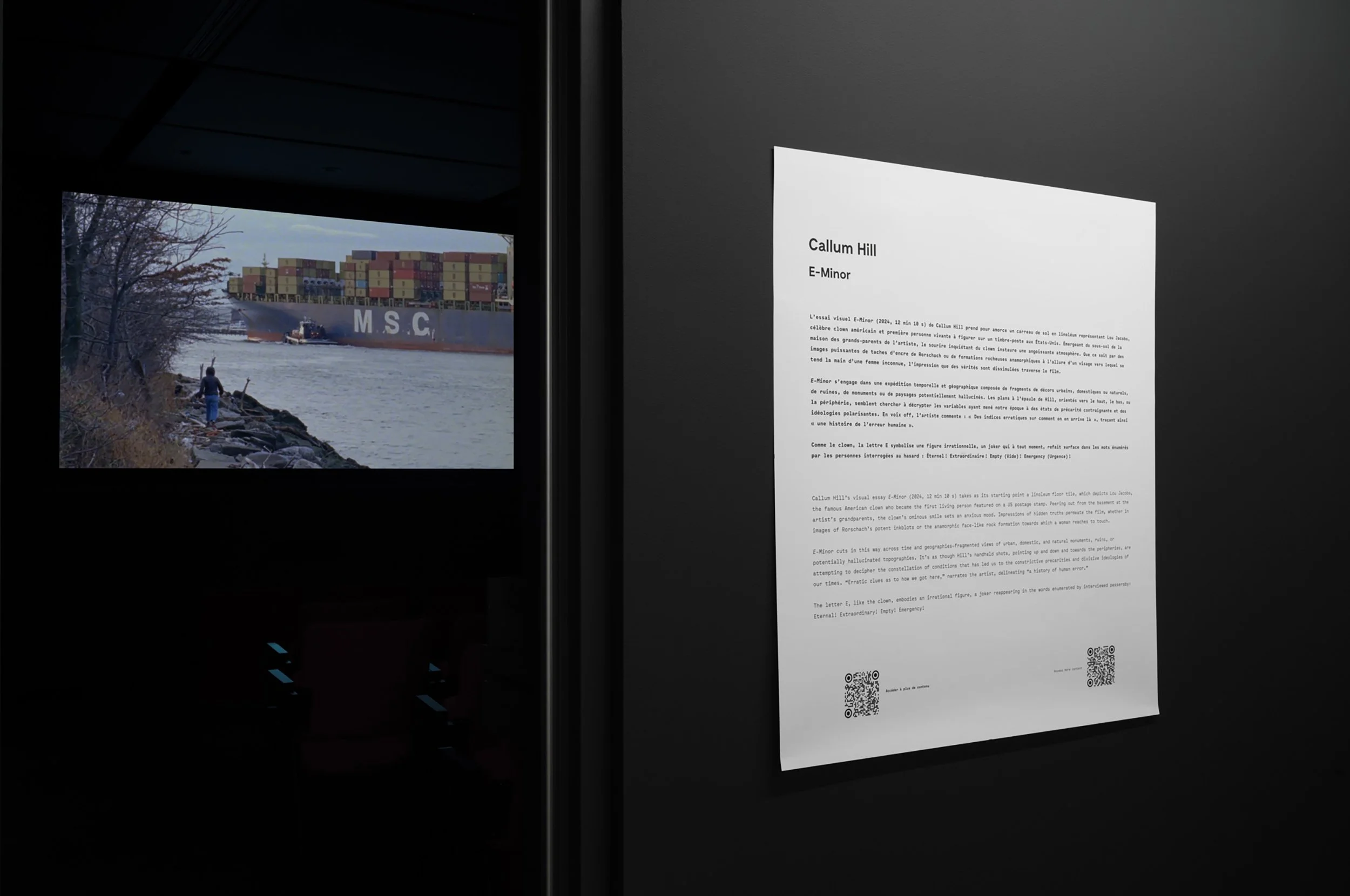  © Callum Hill,  E-Minor  (2024). Vue de l'exposition, Dazibao, 2025. Photo : Atlas documentation. 