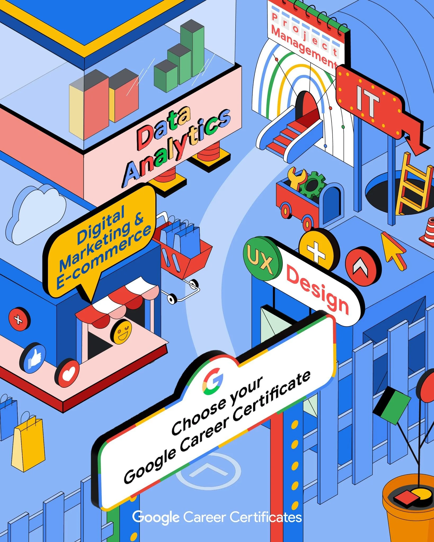 Image shows various Google Career Certificate logos