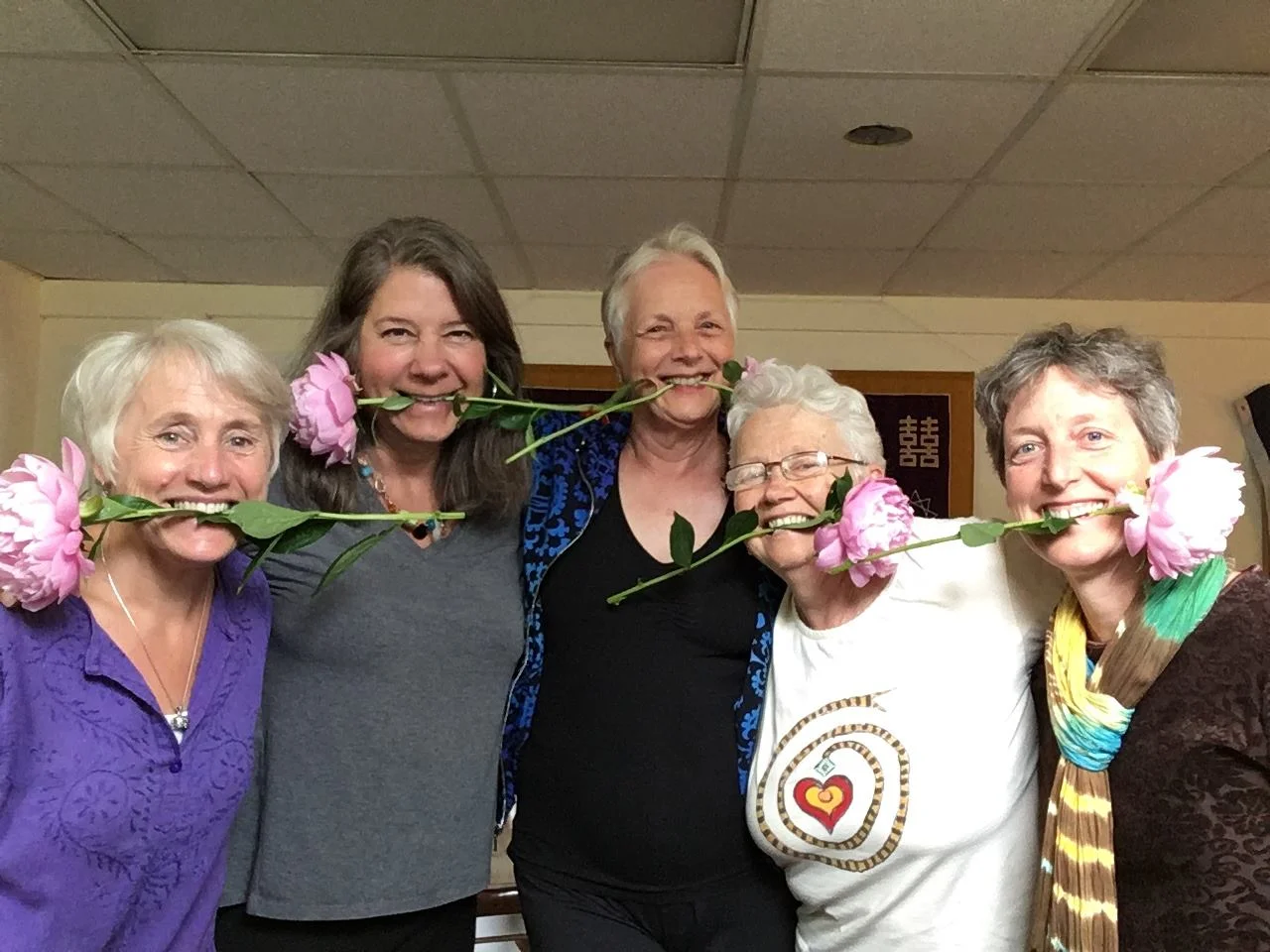 Linda Shary, second from the left, is surrounded by all the Women Who Have Made Things Happen at ChIME: Former Dean Angie Arndt, Linda, Former Community Liaison Colleen Myers, Abbess Patricia Ellen, and current Dean Katie Payson.