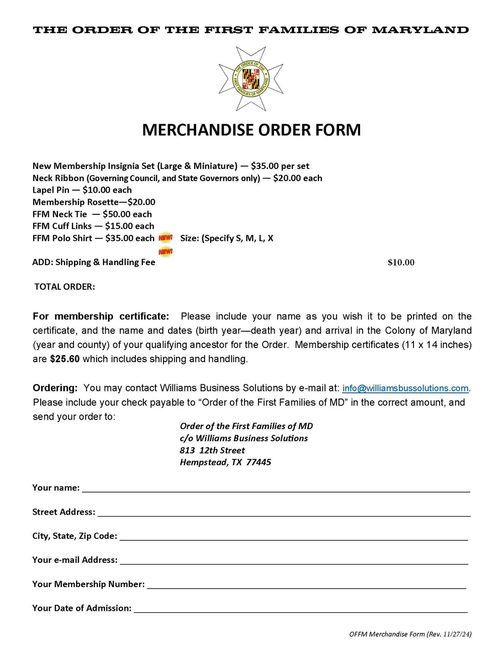 Merchandise Order Form (For mail order submission only) — First ...