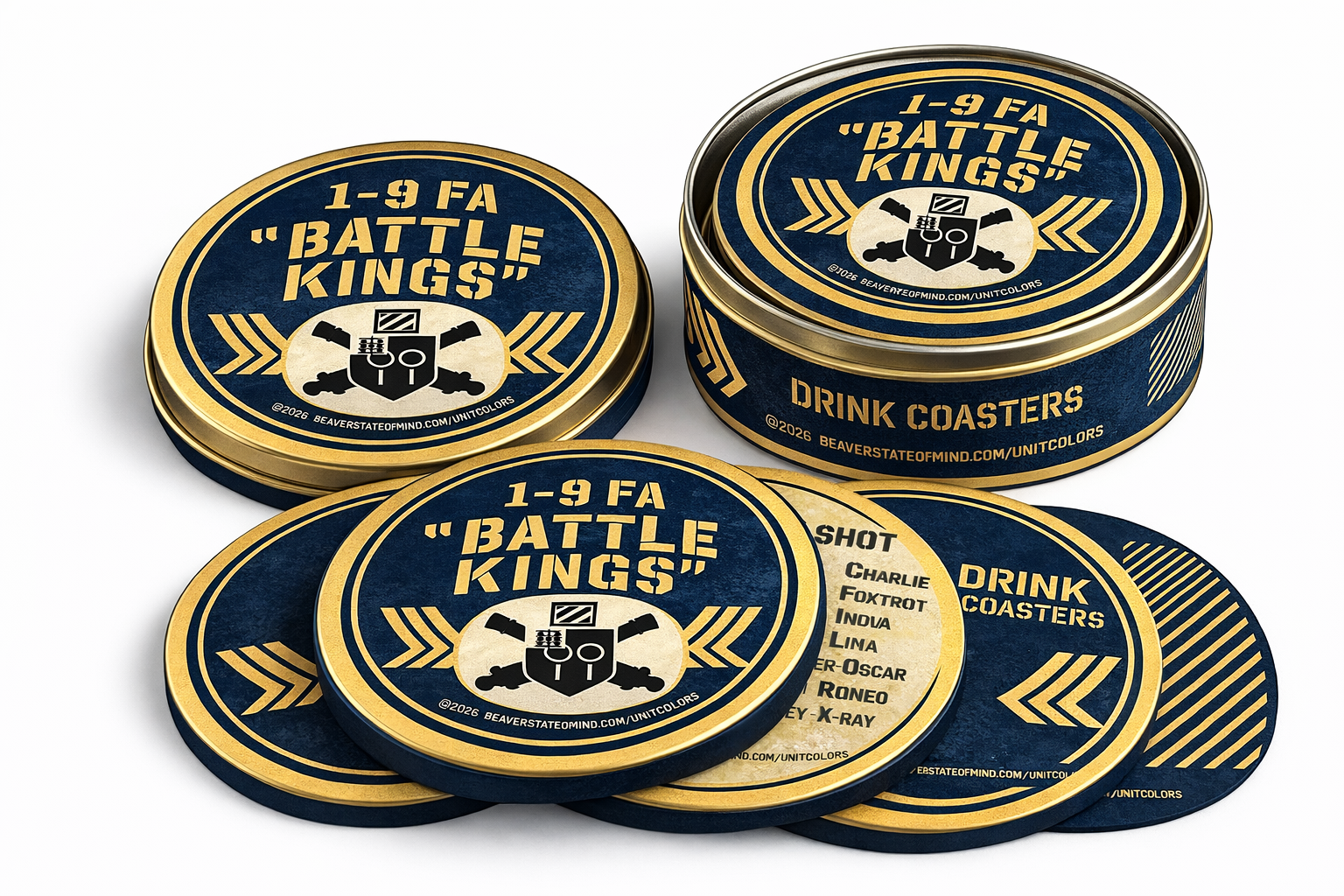 Unit Colors: Custom drink coasters and packaging for unit celebrations.