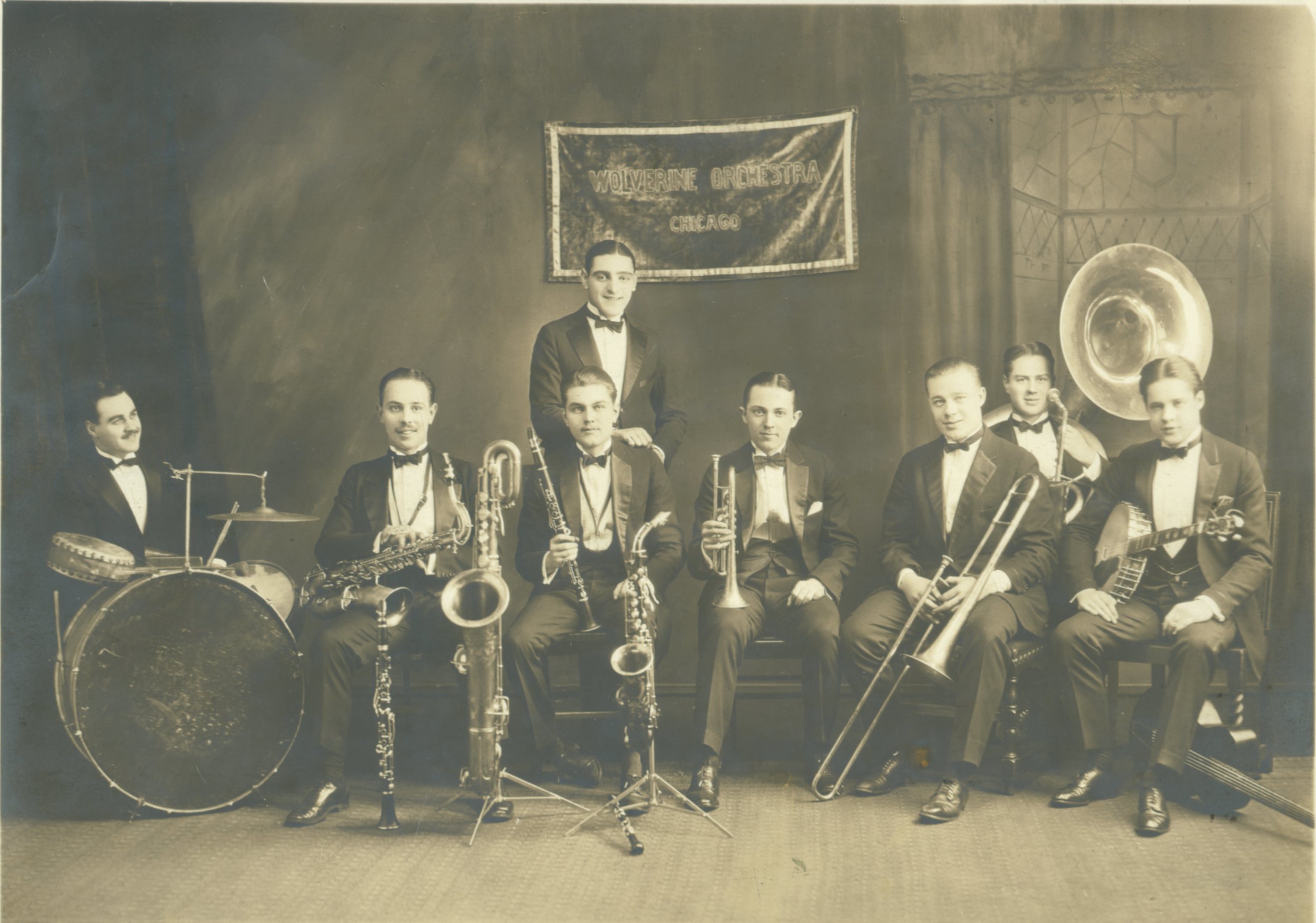 The Wolverine Orchestra poses at Doyle's Dancing Academy in Cincinnati, in January 1924. Bix Beiderbecke is seated fifth from the left. Courtesy of the Richardson-Sloane Special Collections Center of the Davenport (Iowa) Public Library.