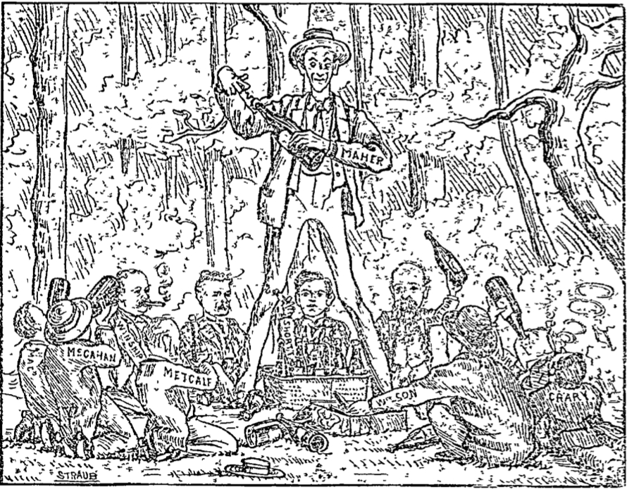 A cartoon published in the Grand Forks Daily Herald on July 9, 1896, and signed "Straub" is titled "What Most of the Boys Missed" and captioned "John W. Maher, of Devils Lake, entertained the half dozen editors who gathered there Tuesday."