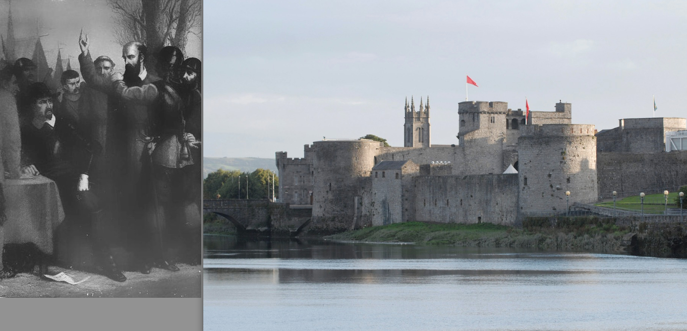 "Ireton Condemning the Bishop of Limerick," an illustration in Lives of the Irish Martyrs and Confessors by Myles O'Reilly (1880); King John's Castle on King John's Island, Limerick, 2007 (Eric the Fish / WikiCommons)