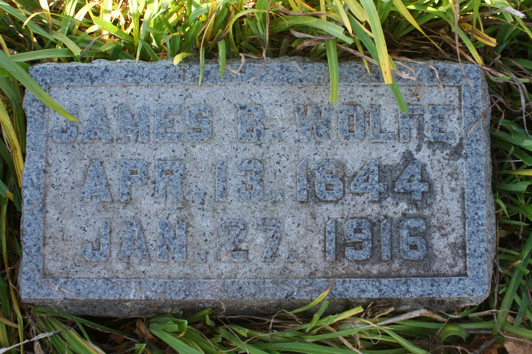 Gravestone for James B. Wolfe, Saint James Cemetery, Toronto, Iowa (J. Bader / Find a Grave)