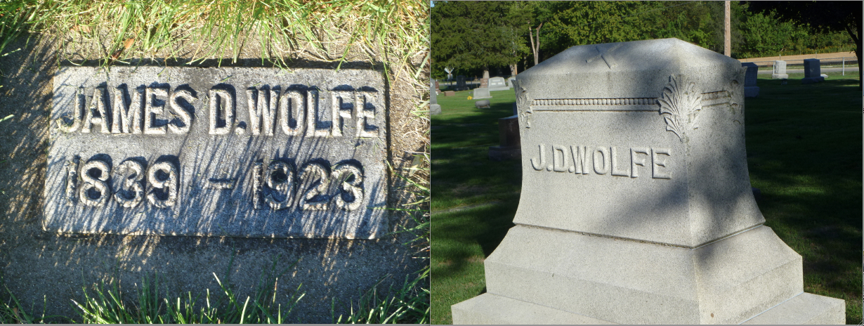 Gravestones of James Downey Wolfe at Saint Columba Cemetery in Ottawa, Illinois (Har27x / Find a Grave)
