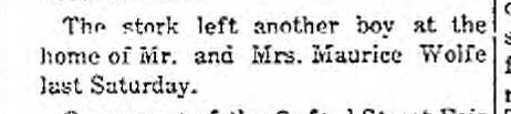 Jimmy Wolfe, ca. 1923; notice in the Oxford Mirror , September 16, 1909, page 5