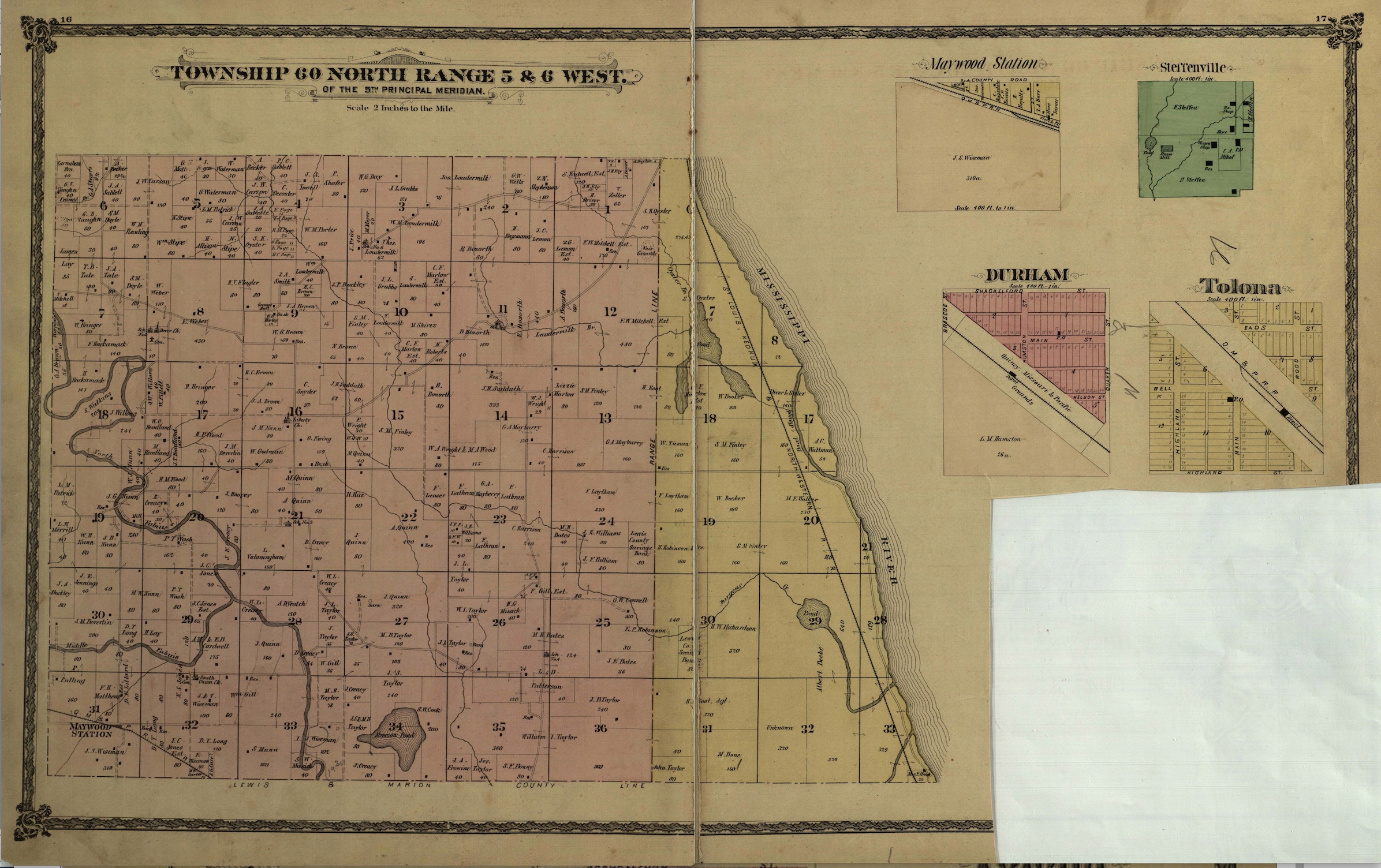 Plat of the town of Monticello from An illustrated historical atlas of Lewis County, Missouri (the Edwards Brothers, eds., 1878)