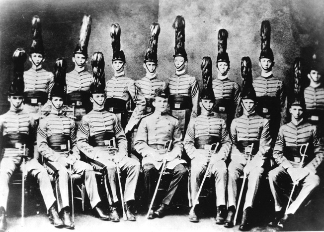 VMI cadets, 1901, wearing shakos. That's George C. Marshall , front row center.