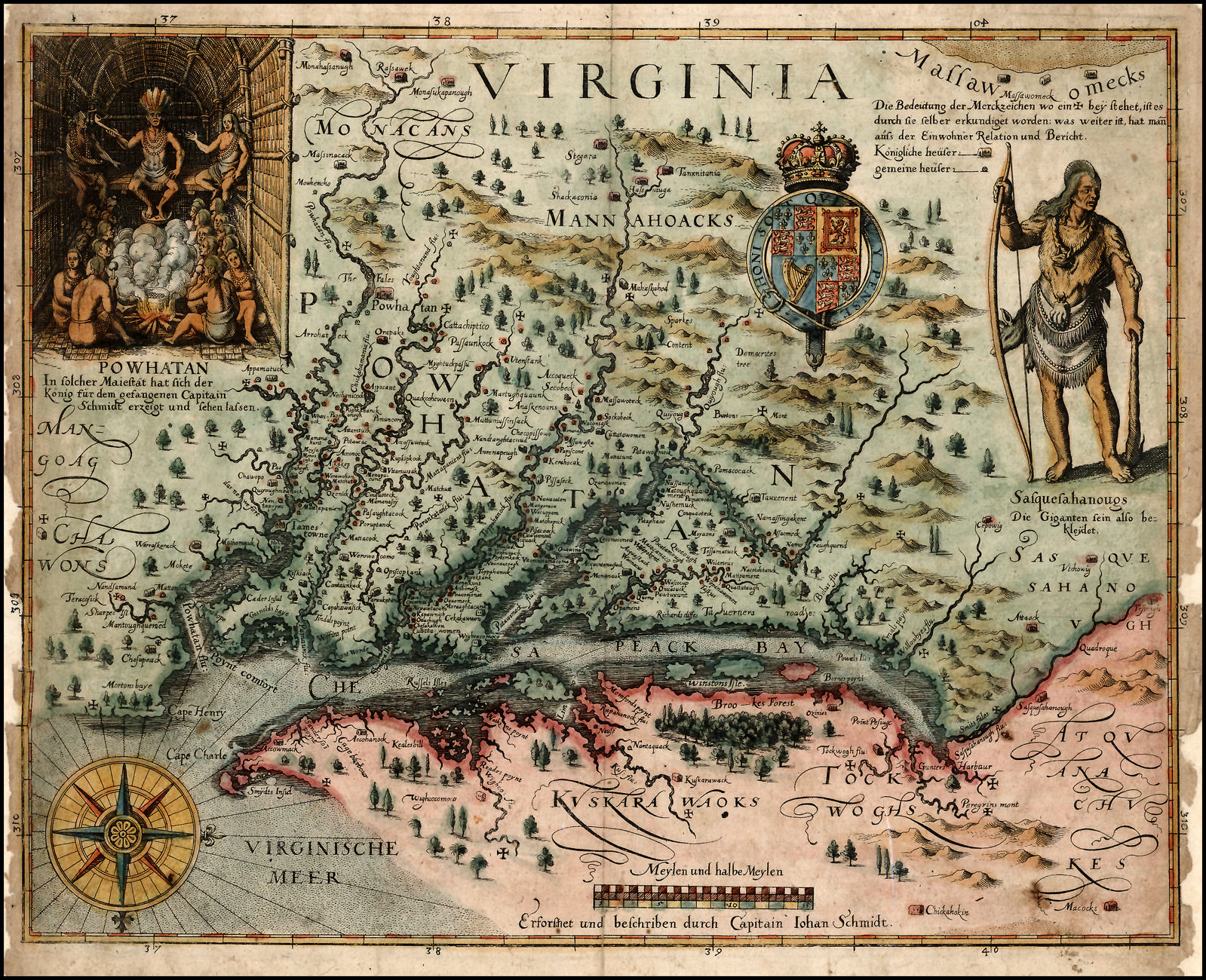 A colored version of John Smith's map of the Chesapeake Bay region, compiled in 1608 and published in 1624