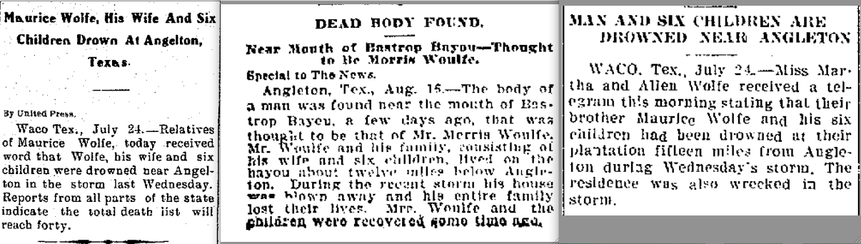 From the Laredo Times , July 25, 1909, page 12; from the Galveston Daily News , August 17, 1909, page 1; from the Denton Record Chronicle , July 24, 1909, page 2 (NewspaperArchive.com)