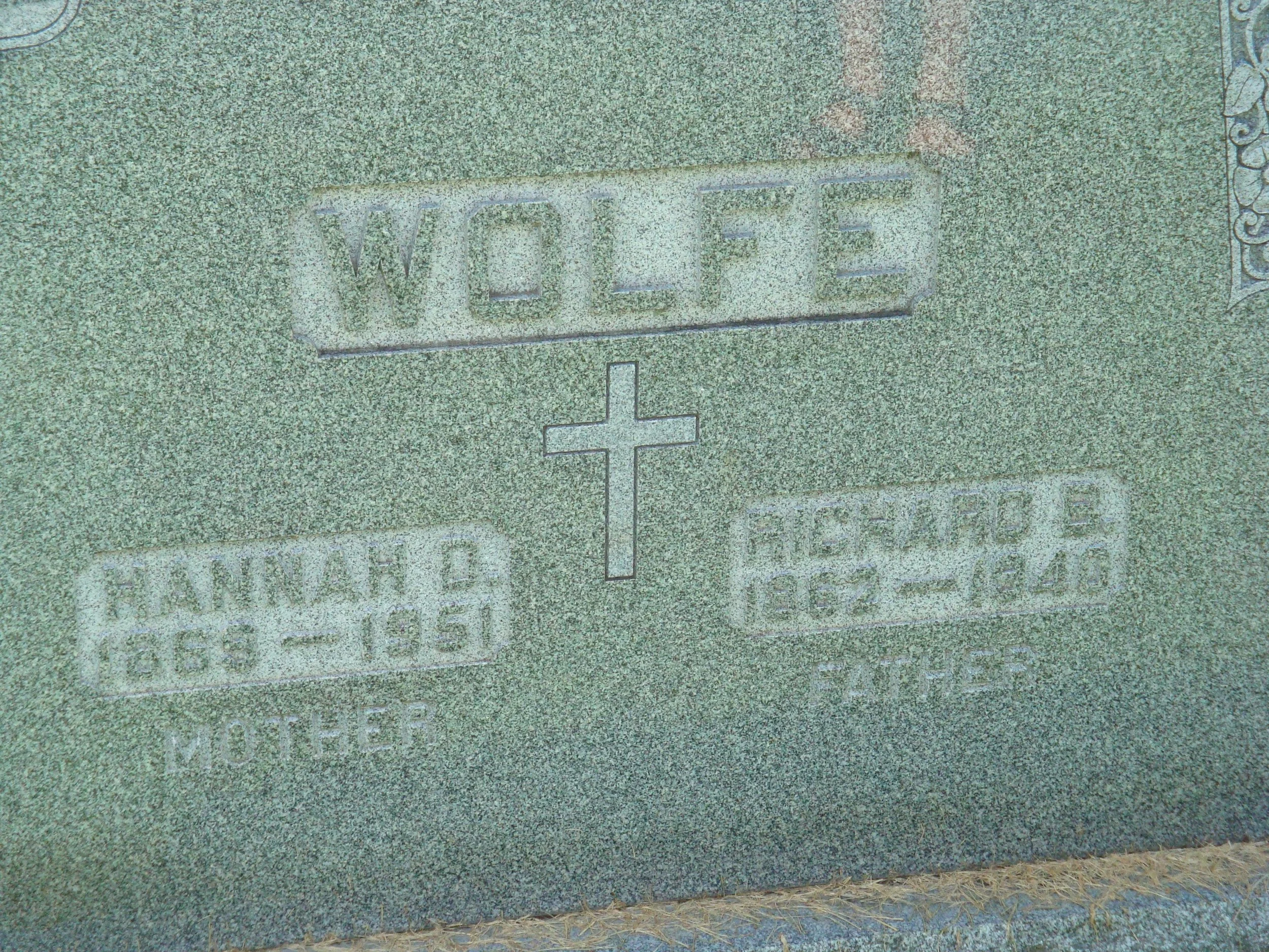 Wolfe gravestone, Saint Joseph’s Cemetery, DeWitt (user aeiou02 / Ancestry.com)