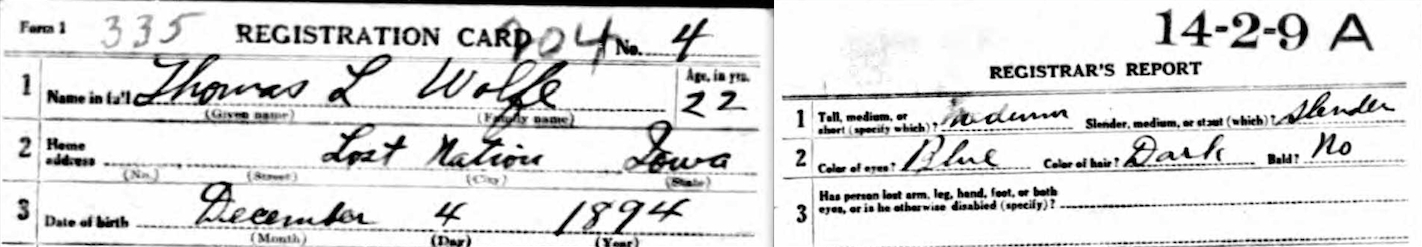 Detail from Thomas L. Wolfe’s World War I draft registration card