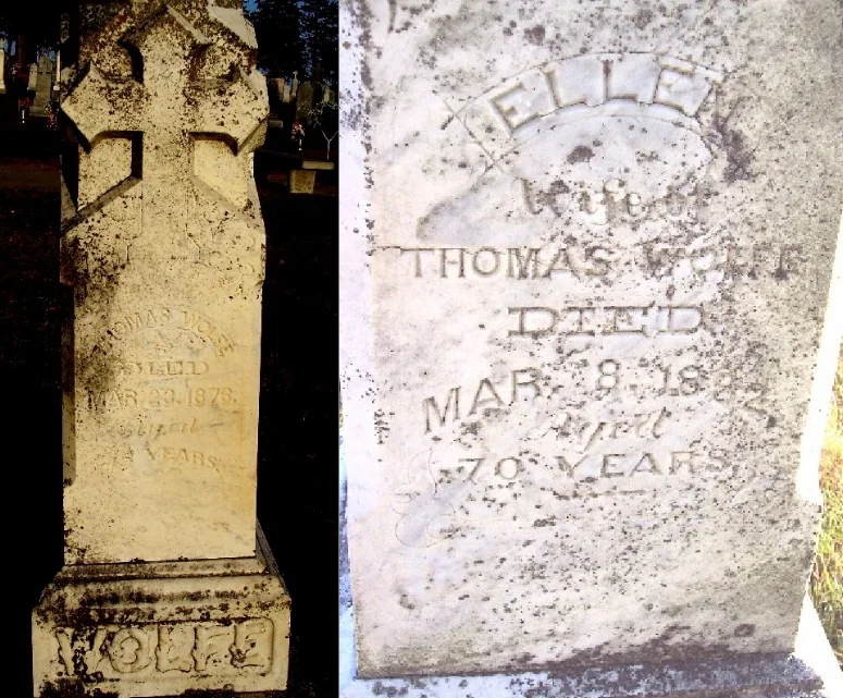 Gravestones of Thomas and Ellen Wolfe, Holy Angels Cemetery, Carroll County, Iowa (Geo. Clinton / Find a Grave)