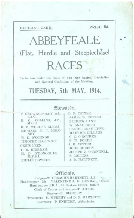 A race card from 1914 features the name of R. B. Woulfe as a steward ( Jim Kemmy Municipal Museum, Limerick )