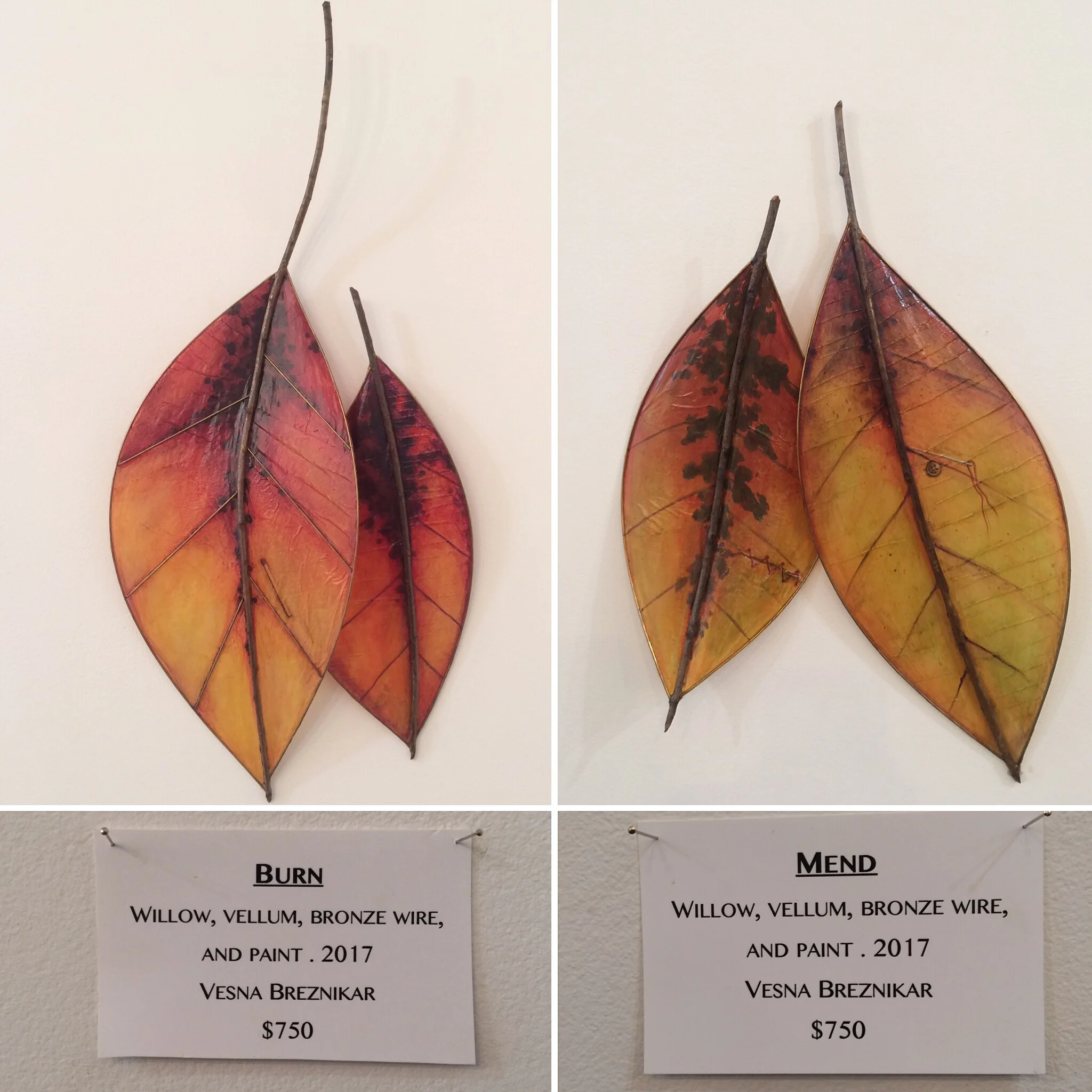  'Burn' and 'Mend' handprinted vellum and wire leaves by Vesna Breznikar 