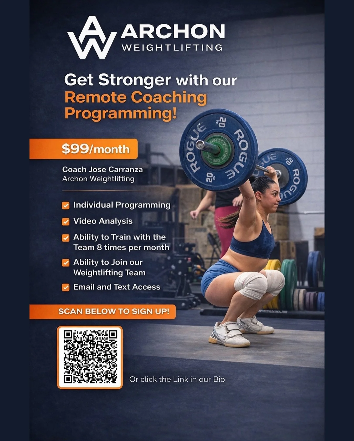 Get stronger with professional Olympic Weightlifting Coaching &mdash; from anywhere.

Our Archon Remote Coaching Program ($99/month) includes:

✔ Individualized programming
✔ Video analysis from Coach Jose Carranza
✔ Train with the Archon team up to 