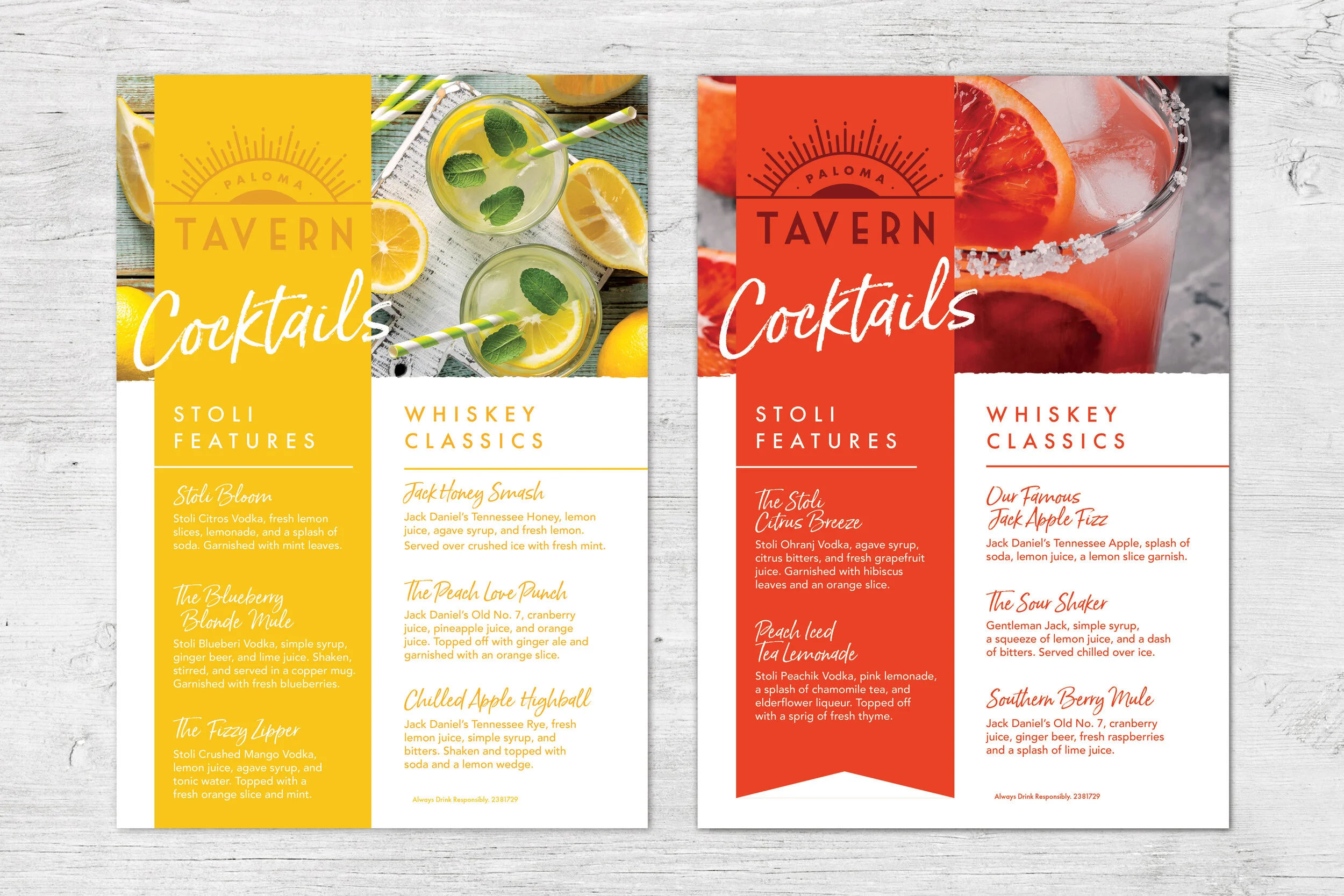 Cocktail Menu Featuring Stoli and Jack Daniel’s*This design won highest score for Typography at Brandmuscle in 2019