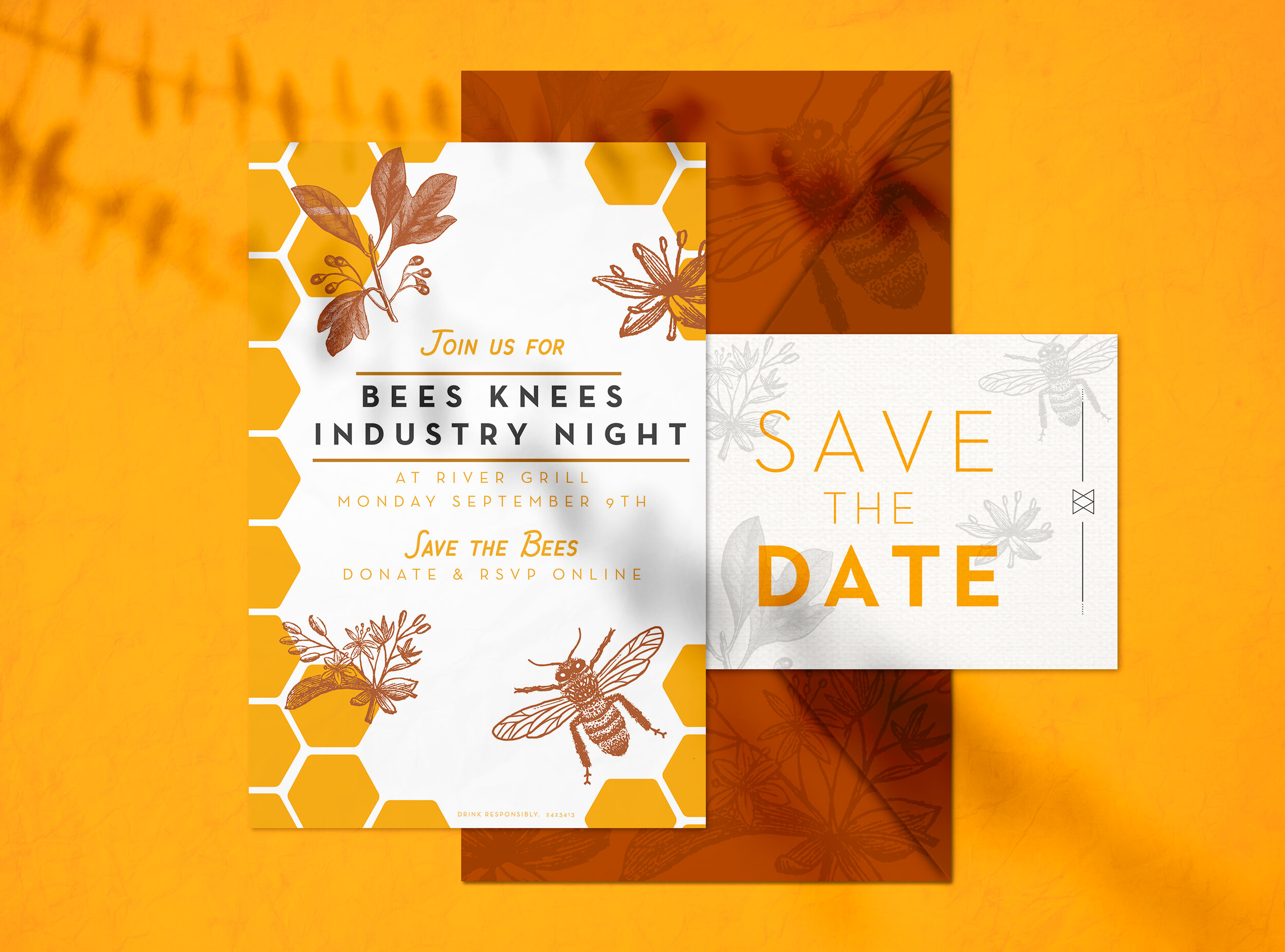 Invitation for Bees Knees Industry Night for Barr Hill Spirits Charity Event - Utilizing Barr Hill’s Bee Logo