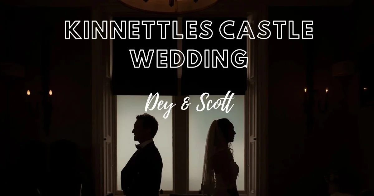artistic silhoetted image of bride and groom in front of windows at Kinnettles Castle Wedding Venue, Scotland