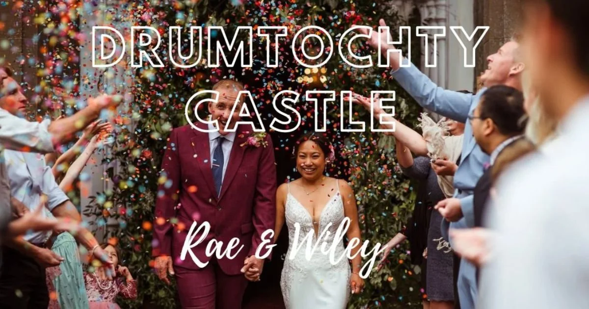 American couple exit the front entrance to Drumtochty Castle, Laurencekirk, to a confetti toss
