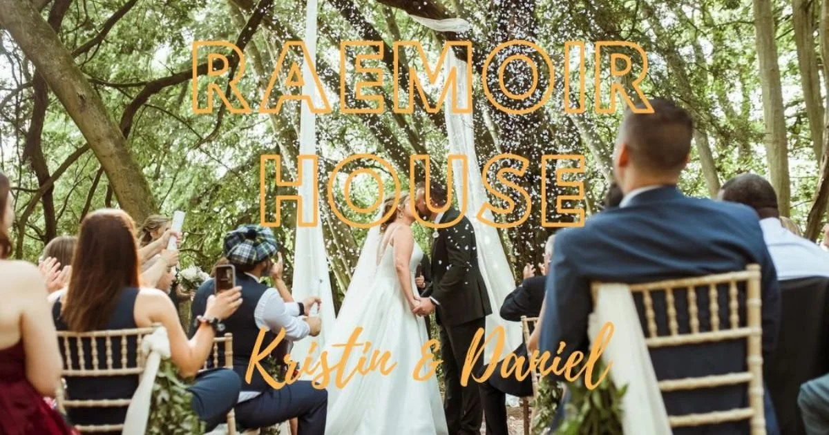 Confetti picture of the bride and groom kissing at the end of the ceremony in the wooded area at Raemoir house Wedding venue, near Aberdeen, Scotland.