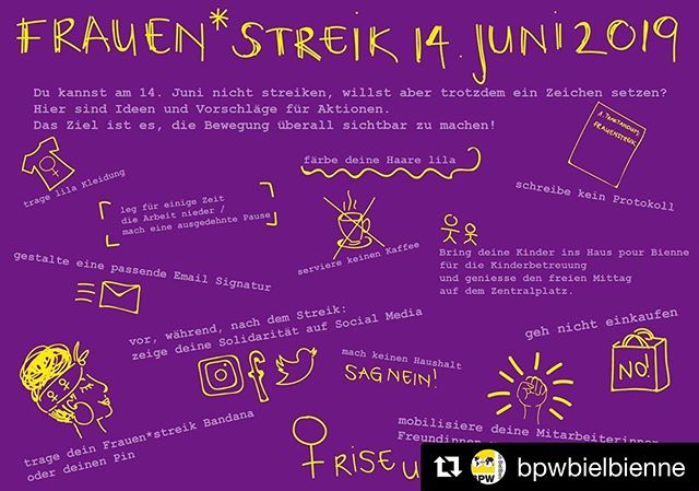 Tomorrow (June 14) is the Frauen*Streik all across Switzerland and in Biel! If you can&rsquo;t join us in person, here are some ideas for you to rise up and stand in solidarity wherever you are! 👊💟💪
&bull;
I&rsquo;ll be at Zentralplatz in #Biel / 