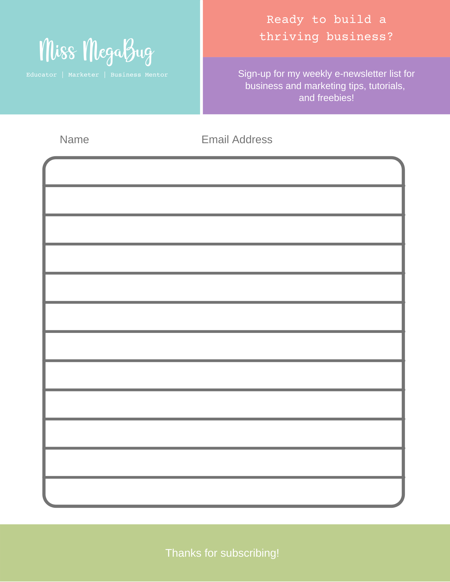 Canva E-Newsletter Sign-up Sheet Template — Miss MegaBug