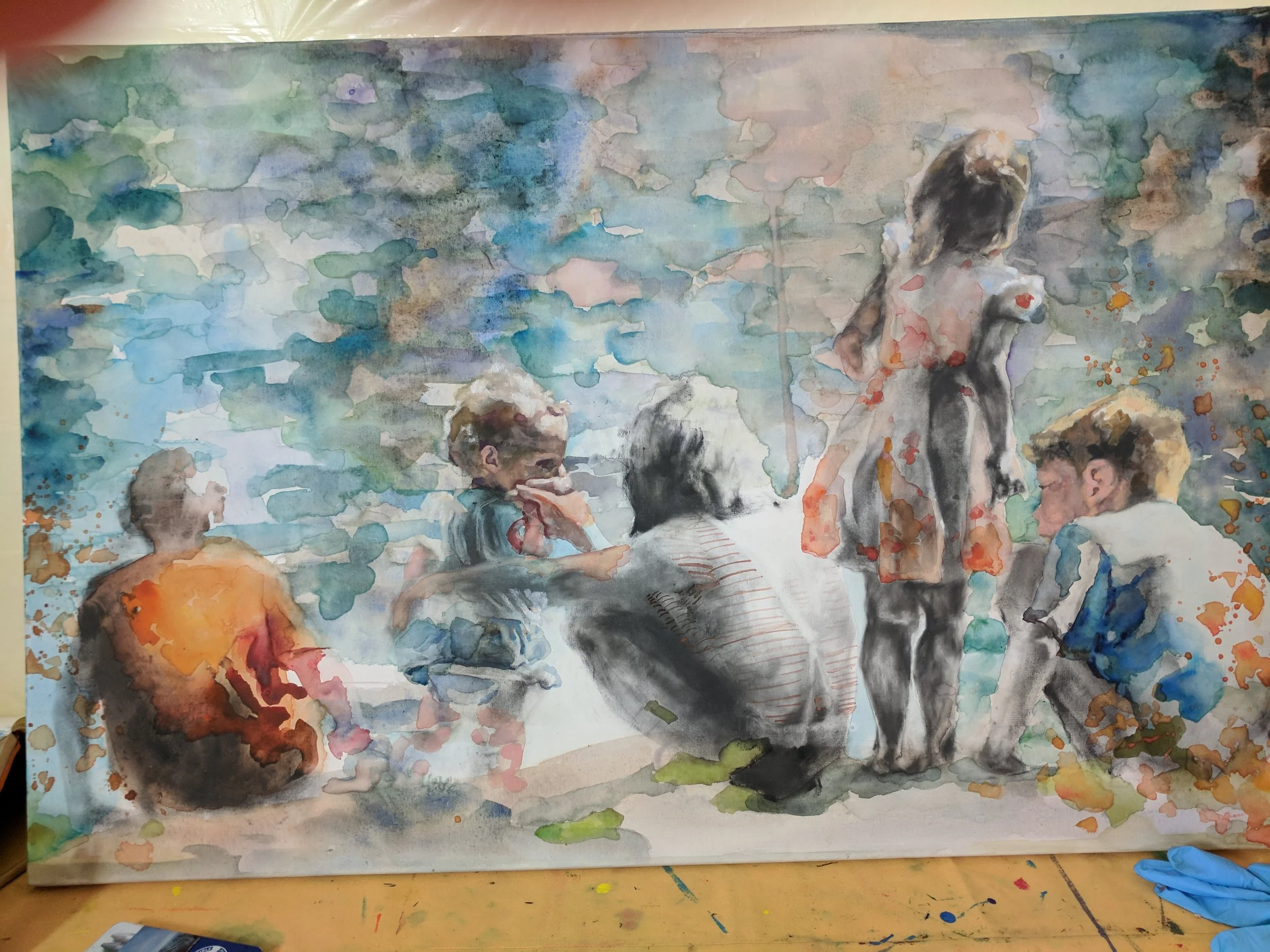 Session #5 and #6 After working with loose graphite, I had to spend some time cleaning up the overall surface of the canvas which made a surprising difference in seeing all of the watercolor layers that had been hidden underneath. In these sessions, more warmth was added to the background to counterbalance the bright orange figure on the left. Highlights and details were added to the female figure on the right and both heads were given stronger structure. 