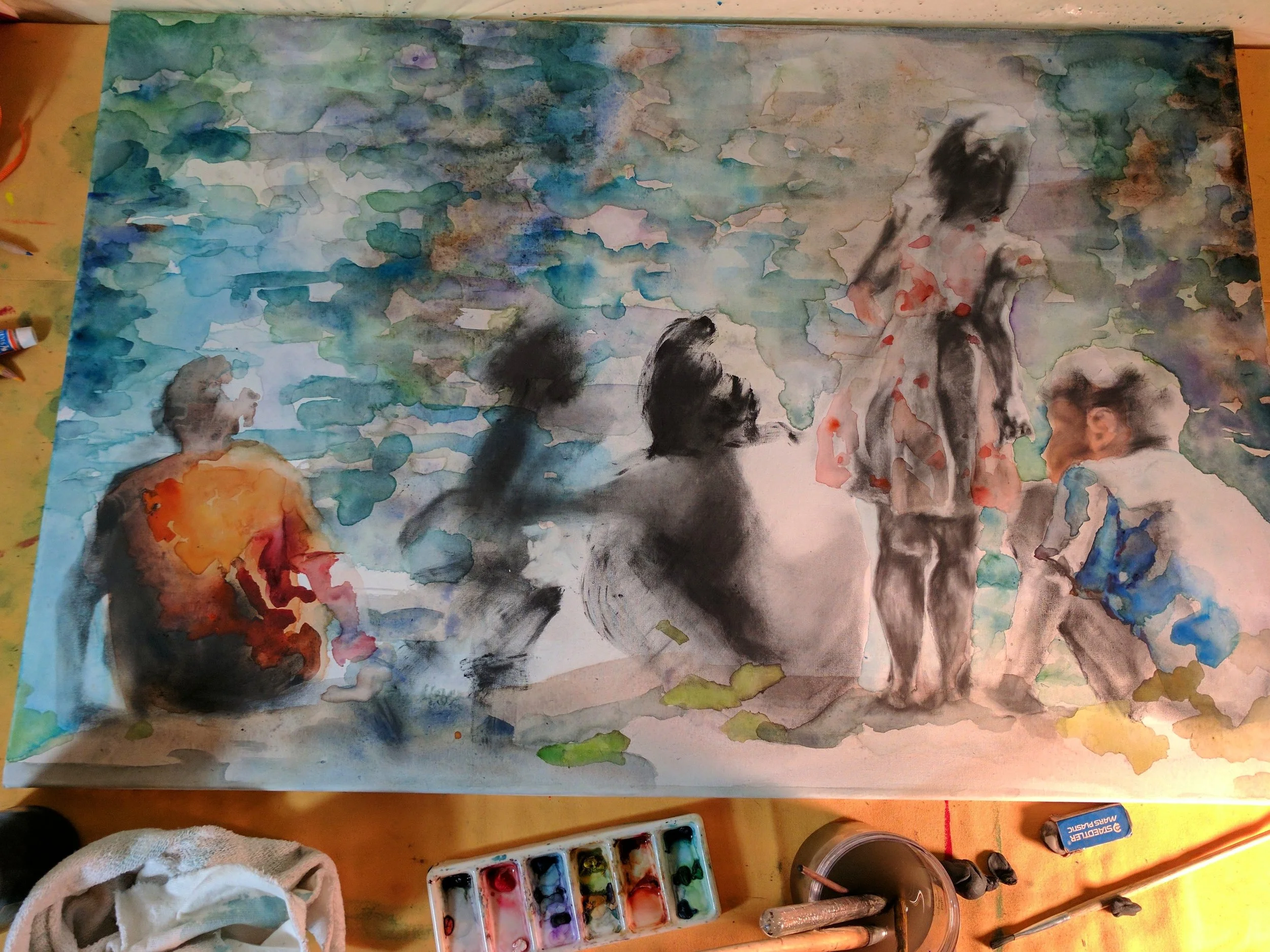 Session #3 Worked reductively with an eraser on the right figures to add tones and highlights as well as some basic structure. I also took this session to add a few more layers of depth to the water.