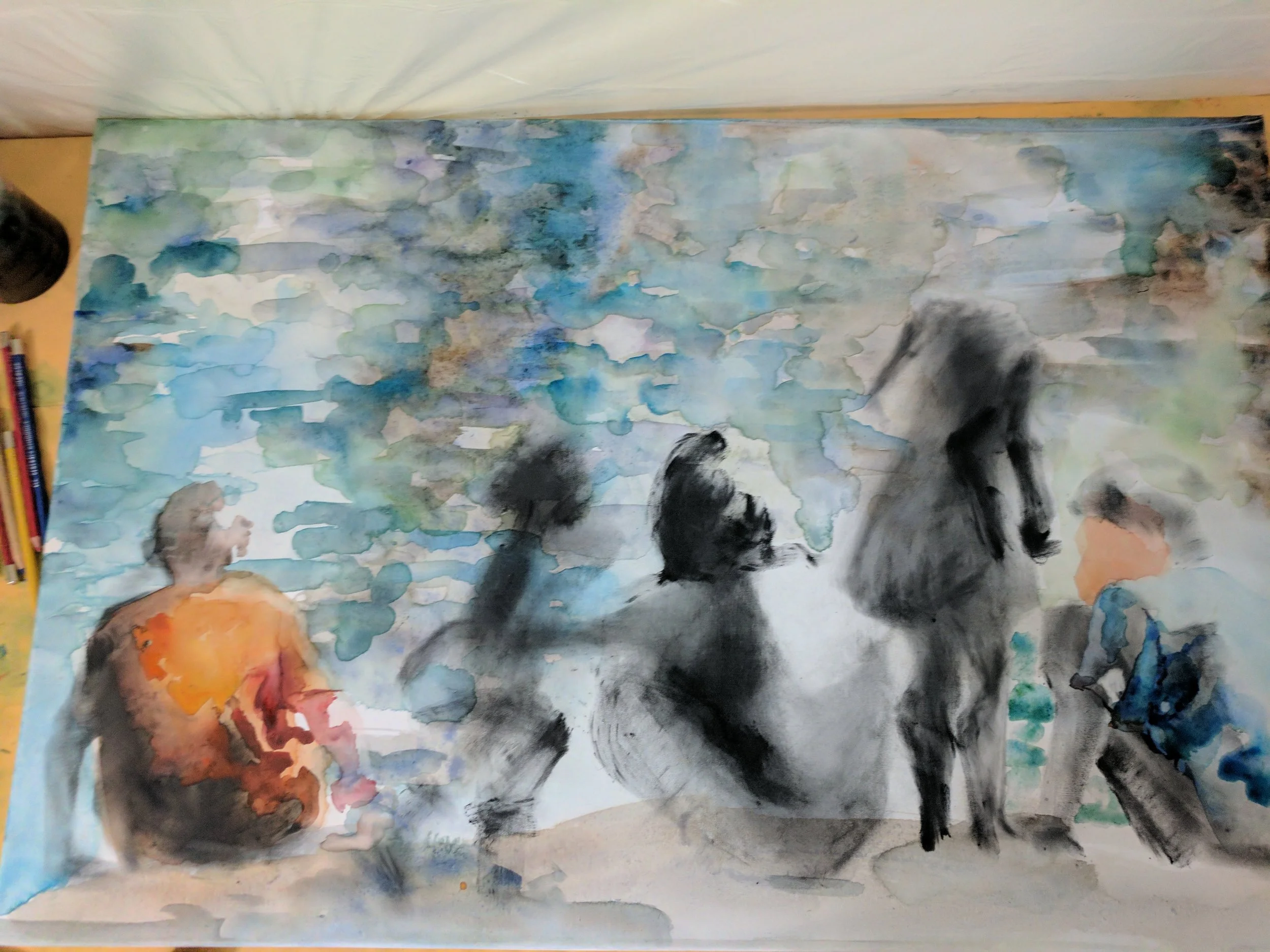 Session #2 Structure added to the left figure and the right figures have been worked on with graphite powder and watercolor.