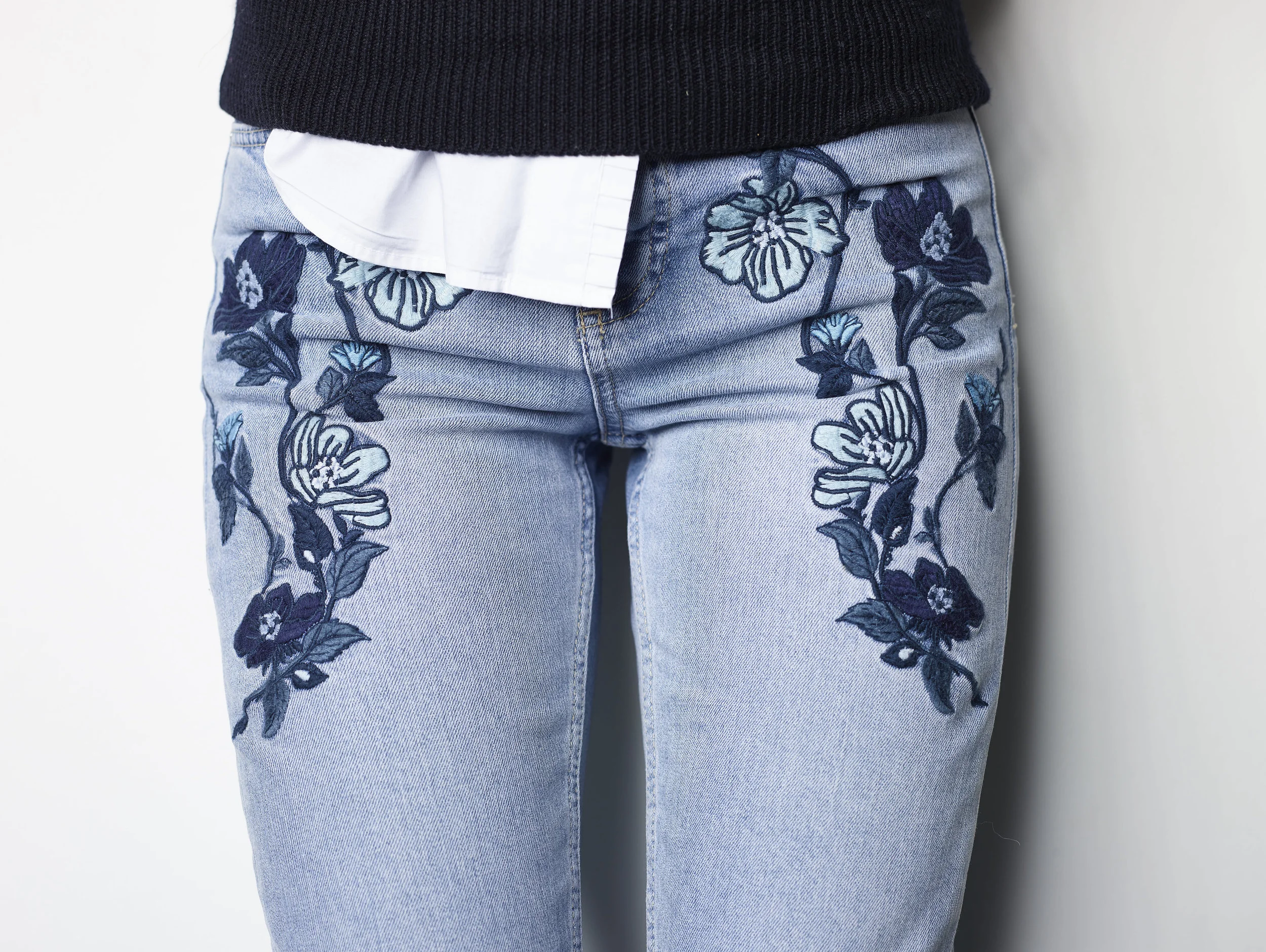 Topshop MOTO Blue Embroidered Straight Leg Jeans